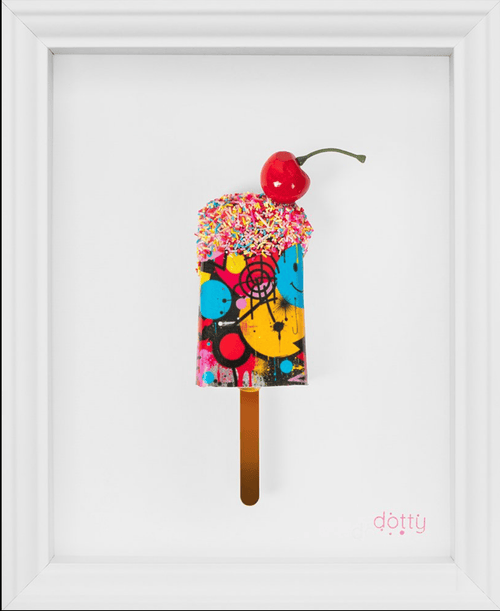 Colorful Dotty urban art piece by Dotty featuring vibrant dot patterns on a city-inspired background.