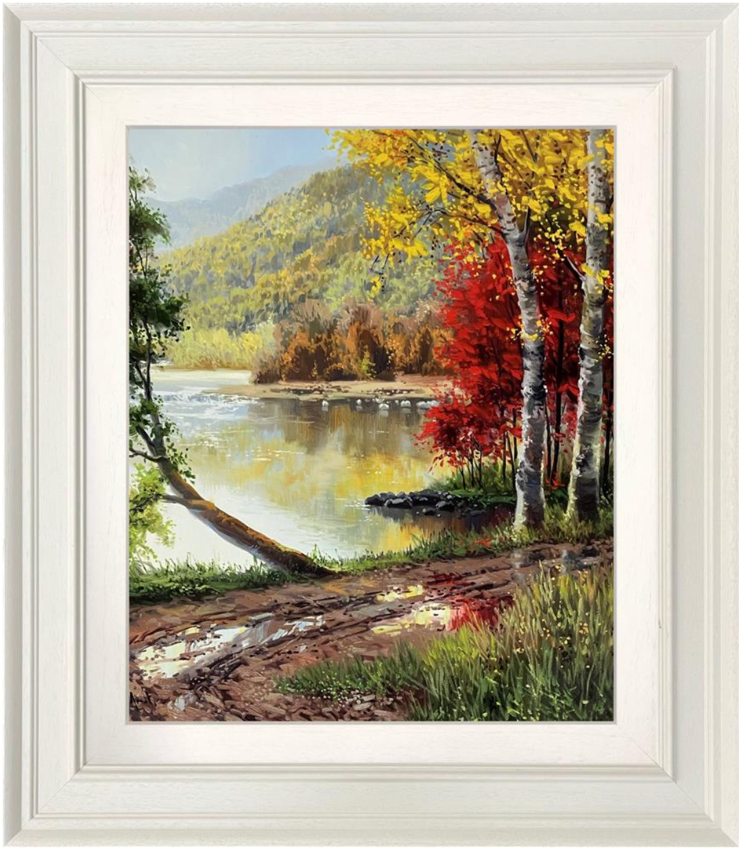 Screenshot of "Lakeside Reflections" art by Arnau Amat, showcasing a serene lakeside scene with reflective water and natural landscape.