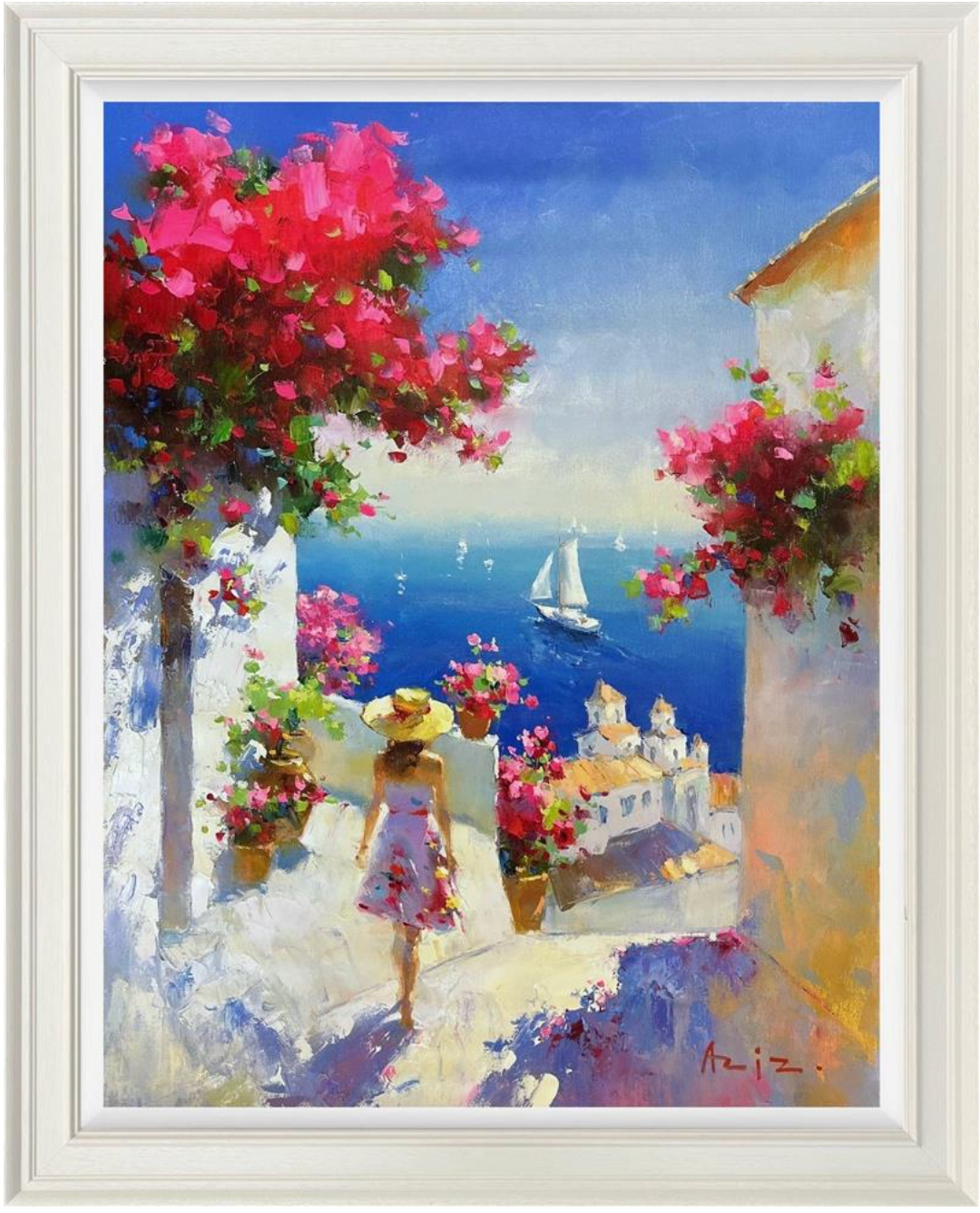 Colorful art piece titled "Blooming By The Bay" by Aziz, featuring vibrant floral and bay scene details.