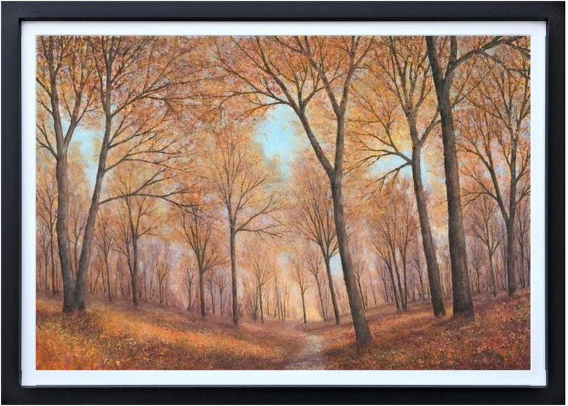 Golden light filters through trees in this art piece by Chris Bourne, showcasing a serene natural landscape.