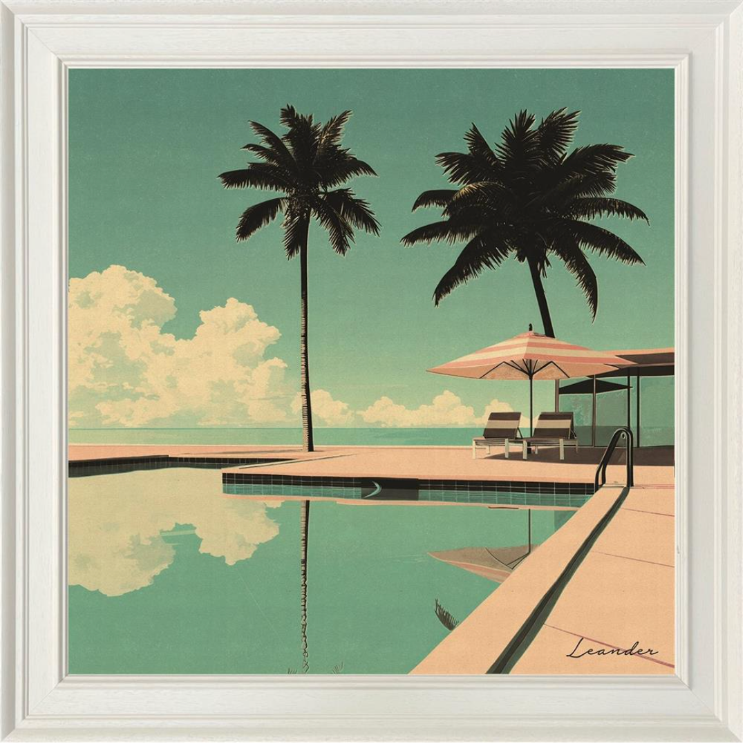 Leander Poolside Reflections art piece featuring abstract reflections and calming colors, displayed in a screenshot.