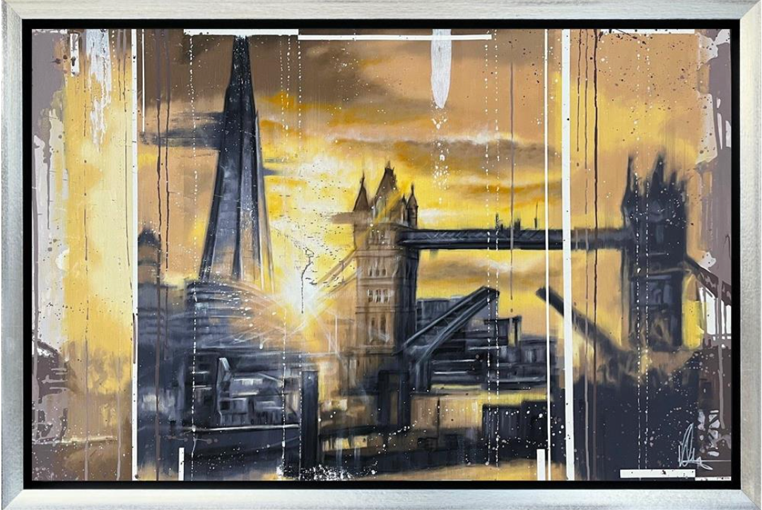Landscape art print titled "London’s Last Light" by Kris Hardy, featuring a moody cityscape at dusk with warm and cool tones.