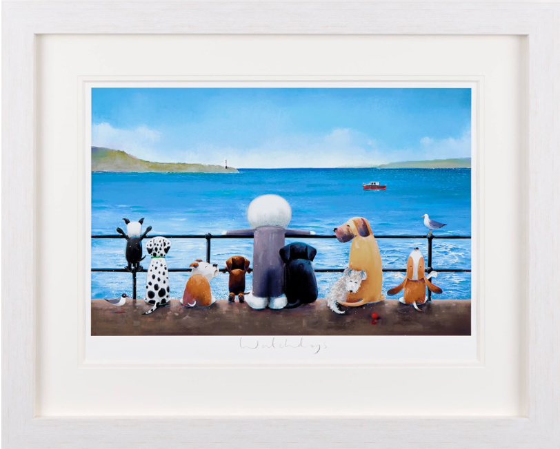 Colorful art print titled "Watchdogs" by Doug Hyde featuring whimsical dog illustrations on a white background.