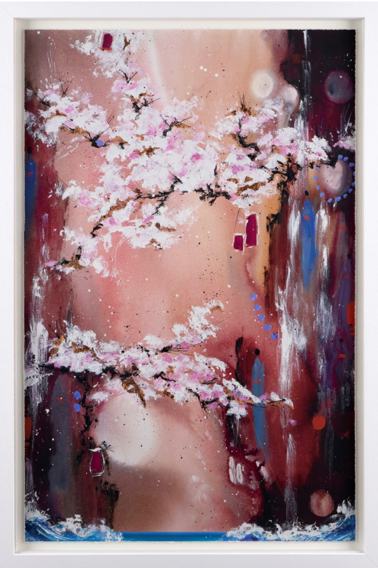 Beautiful art piece titled Blossom Moon by Danielle O'Connor Akiyama, showcasing a vibrant floral moon scene.