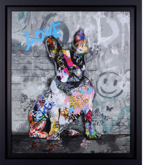 Colorful art piece titled "Best Friend" by Yuvi, featuring vibrant, expressive illustrations of friendship and connection.
