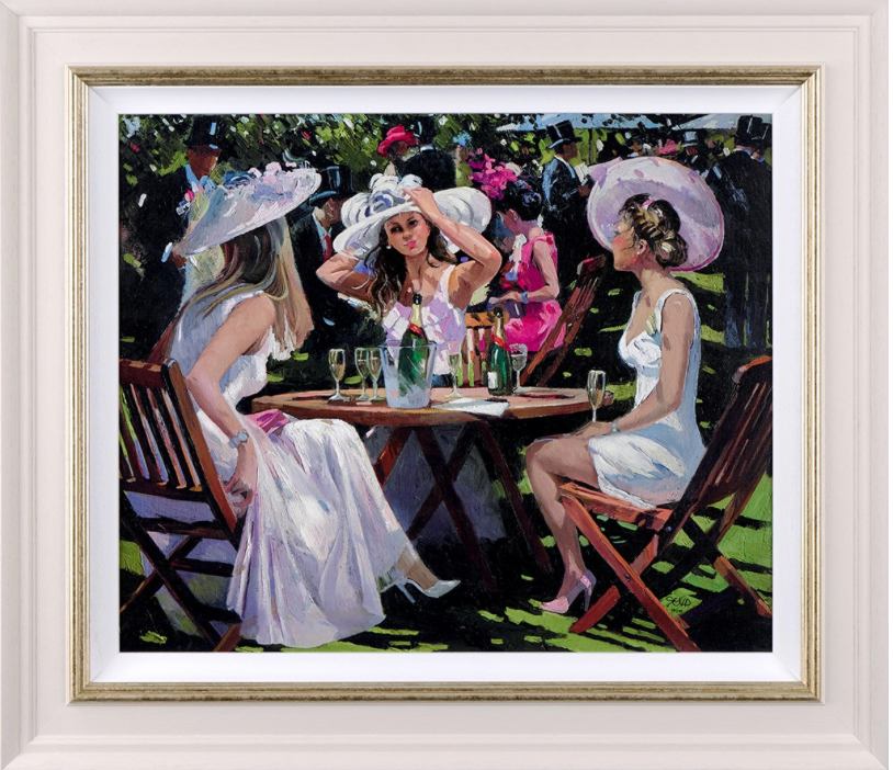 Sherree Valentine Daines art print of champagne glasses at Ascot racecourse, capturing elegant celebration and racing atmosphere.
