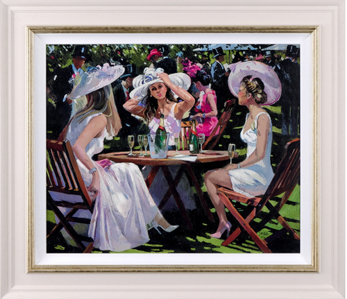 Sherree Valentine Daines art print of champagne glasses at Ascot racecourse, capturing elegant celebration and racing atmosphere.