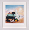Artwork titled Beach Buddies by Doug Hyde depicting whimsical seaside characters in a vibrant, playful beach scene.