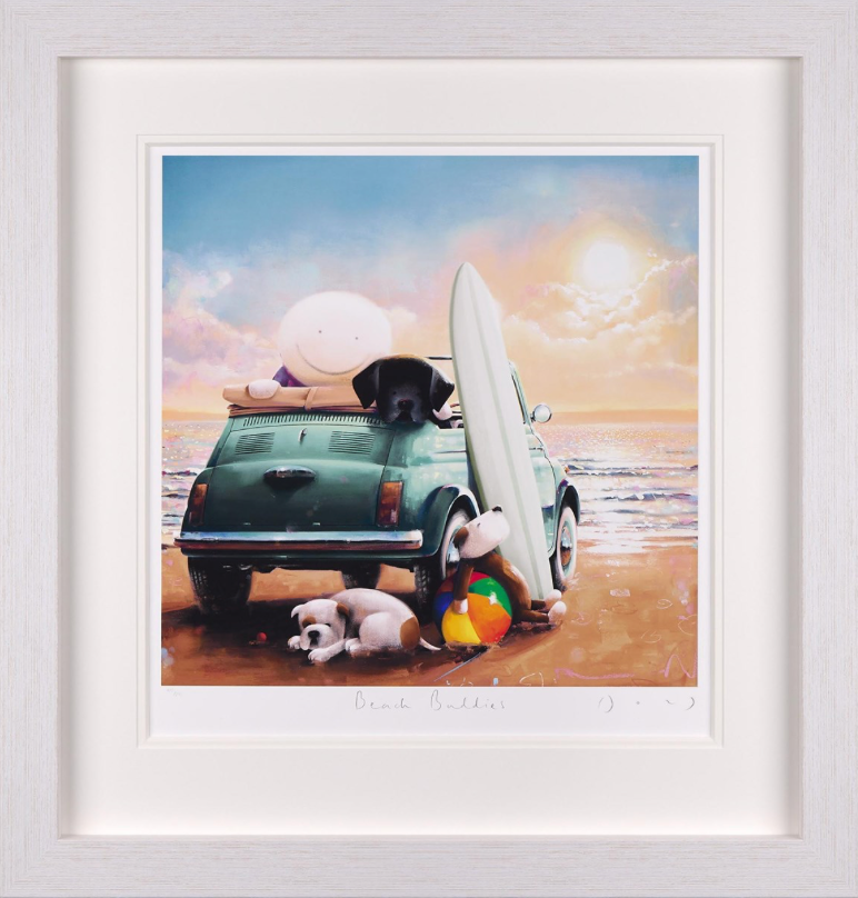 Artwork titled Beach Buddies by Doug Hyde depicting whimsical seaside characters in a vibrant, playful beach scene.