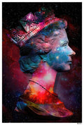 Colorful space-themed art piece titled "Space Queen" by Monica Vincent, featuring vibrant cosmic and celestial imagery.