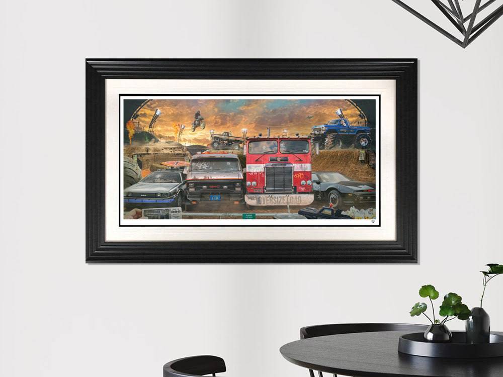 Colorful art print titled "Doc's Monster Slam" by JJ Adams featuring vibrant, surreal monster illustrations on high-quality paper.