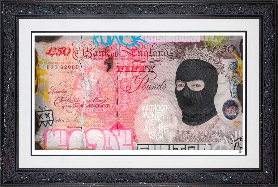 JJ Adams art piece titled "Burning A Hole In Your Pocket" featuring vibrant, detailed artwork with bold colors and intriguing design.