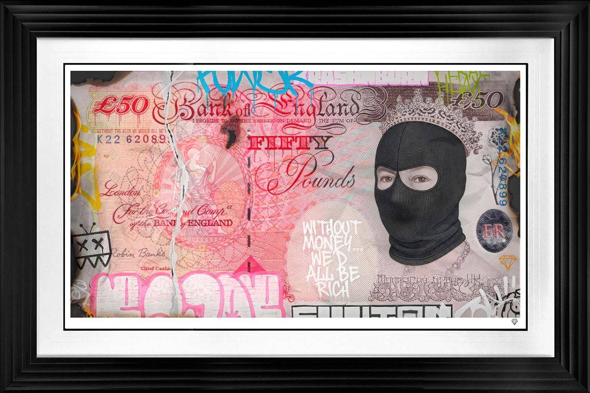 JJ Adams art piece titled "Burning A Hole In Your Pocket" featuring vivid, abstract imagery on canvas.
