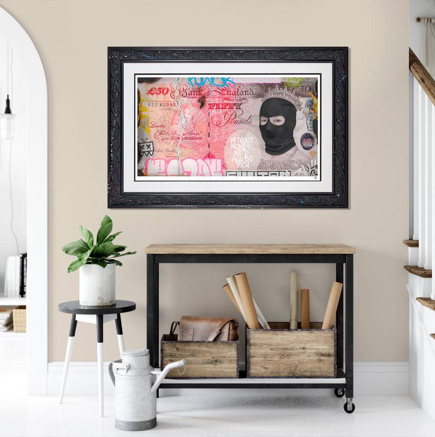 Contemporary art piece by JJ Adams titled "Burning A Hole In Your Pocket," featuring vivid colors and abstract design on canvas.