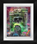 Contemporary art piece titled "She's Not Here" by JJ Adams, featuring vibrant abstract and surreal visual elements.