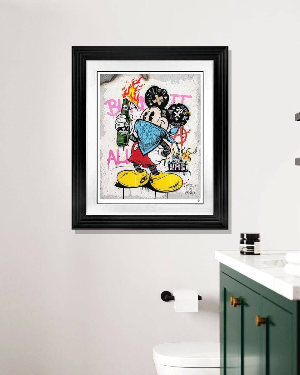 JJ Adams art piece titled Mascot To Menace, featuring vivid, expressive imagery with bold colors and intricate details.
