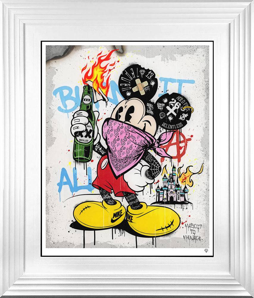 JJ Adams art piece titled Mascot To Menace Pink, featuring vibrant colors and abstract design on canvas.