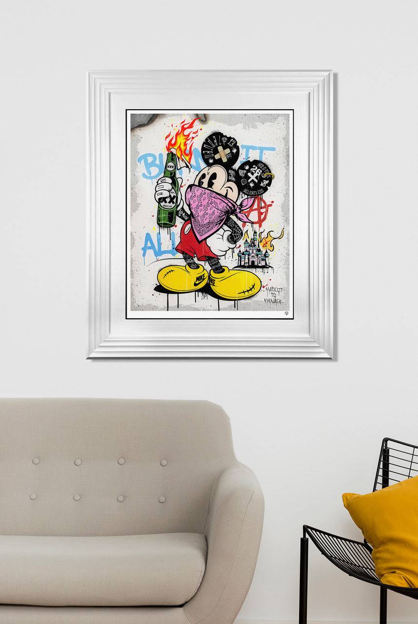 JJ Adams Mascot To Menace Pink art print featuring vibrant pink and detailed illustration of a playful mascot character.